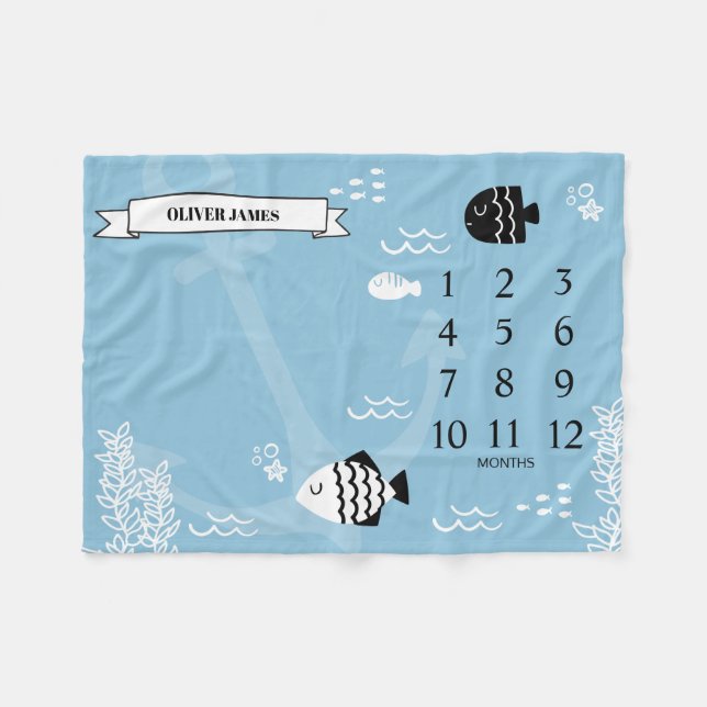 Under The Sea Baby Milestone Fleece Blanket (Front (Horizontal))