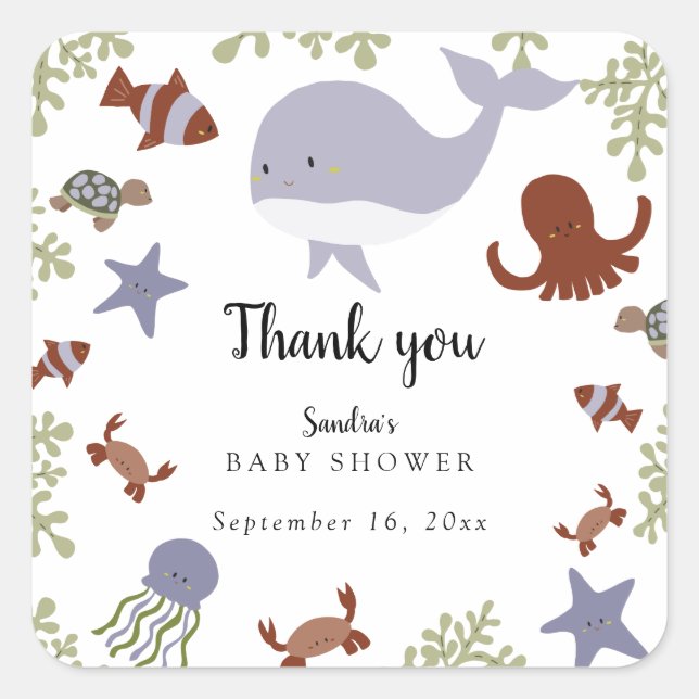 Under the Sea Baby Shower Cute Custom Kawaii Square Sticker (Front)