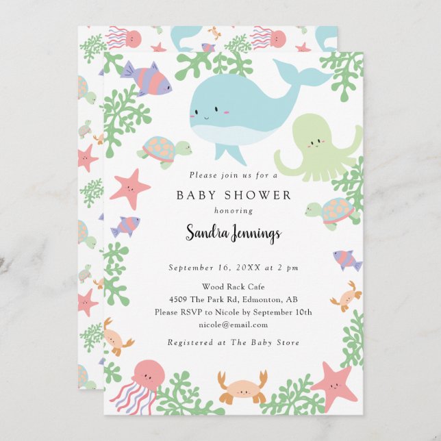 Under the Sea Baby Shower Cute Pastel Neutral  Invitation (Front/Back)