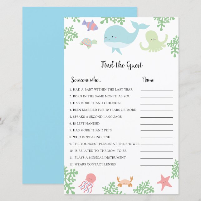 Under the Sea Baby Shower Find the Guest Game (Front/Back)