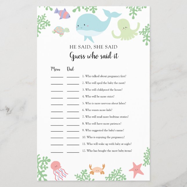 Under the Sea Baby Shower Guess who said it Game Flyer (Front)