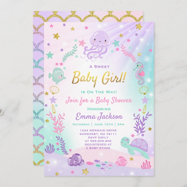 Under The Sea Baby Shower Invitation Pink & Gold (Front/Back)
