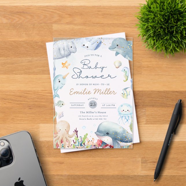 Under the Sea Baby Shower Ocean Animals Neutral Acrylic Invitations (Insitu (Invitation Card))