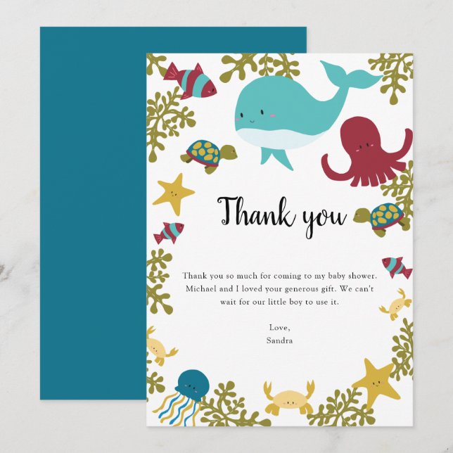 Under the Sea Baby Shower Thank you Kawaii  Card (Front/Back)