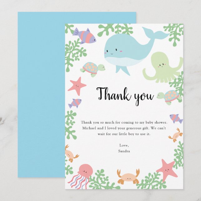 Under the Sea Baby Shower Thank you Kawaii Pastel Card (Front/Back)