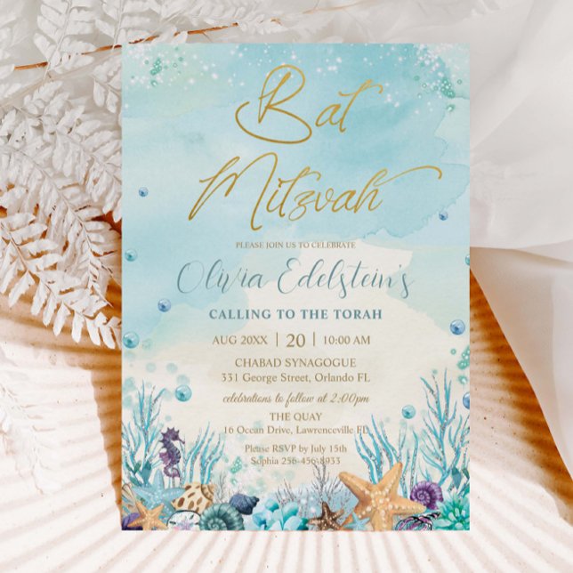 Under the Sea Beach Shells Corals Bat Mitzvah  Invitation (Creator Uploaded)