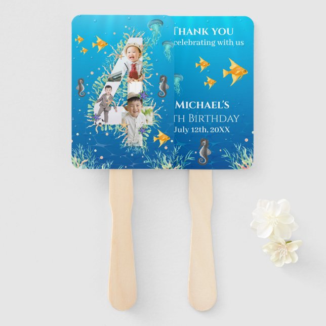 Under The Sea Big 4th Birthday Photo Collage Hand Fan (Front and Back)