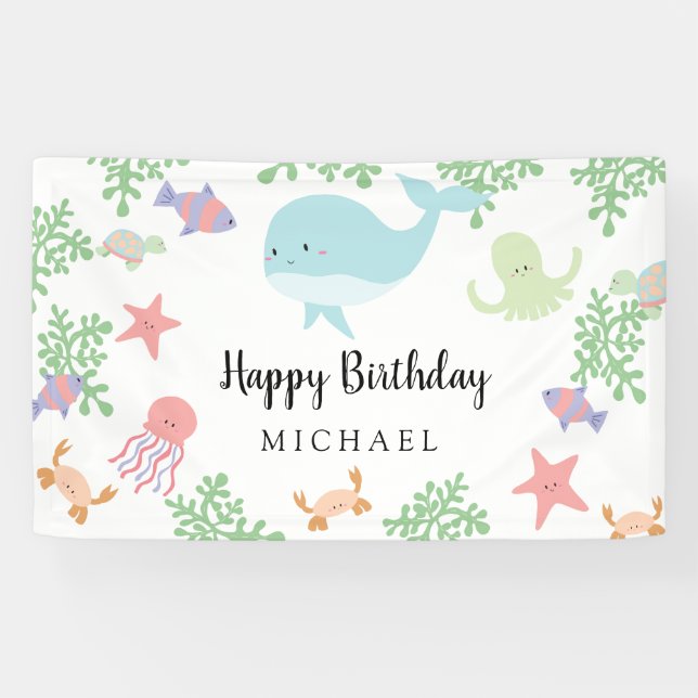Under the Sea Birthday Cute Kawaii Pastel Party Banner (Horizontal)