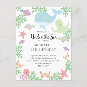 Under the Sea Birthday Cute Pastel Ocean Whale Inv Postcard