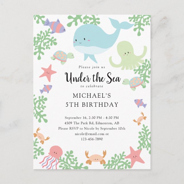 Under the Sea Birthday Cute Pastel Ocean Whale Inv Postcard (Front)
