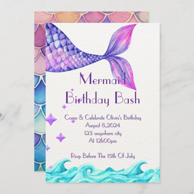 UNDER THE SEA BIRTHDAY INVITATION FOR GIRLS (Front/Back)