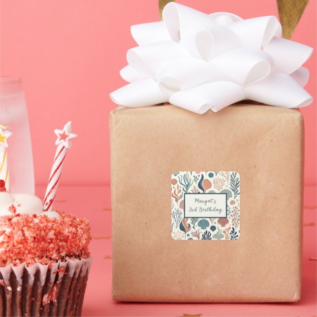 Under the Sea Birthday, Ocean Whispers Pattern Square Sticker (Party)