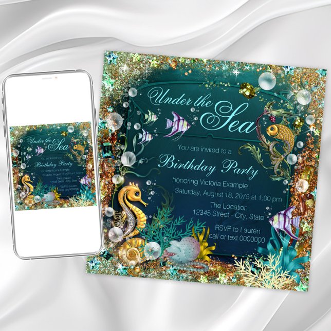 Under the Sea Birthday Party Invitation (Beautiful teal blue and gold under the sea any event invitation. Simply add your details. )