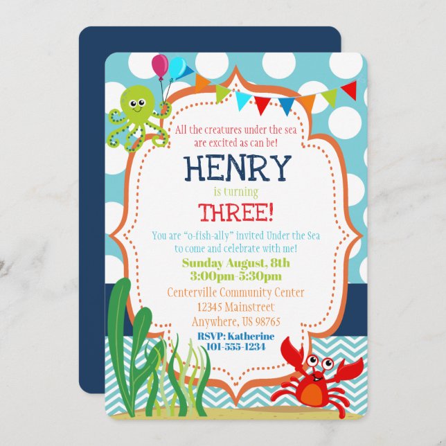 Under the Sea Birthday Party Invitation Sea Life (Front/Back)