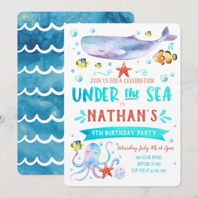Under the Sea Birthday Party Invitation Whale (Front/Back)