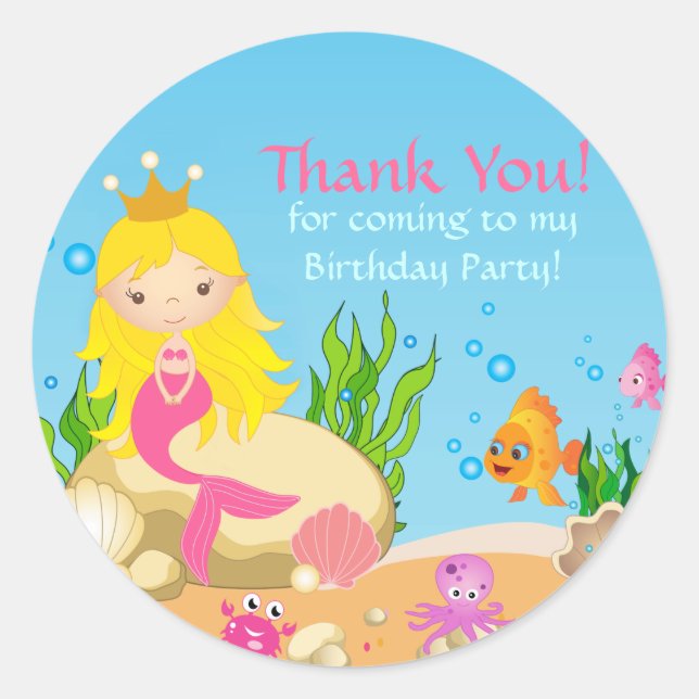 Under the Sea Blonde Mermaid Thank You Sticker (Front)