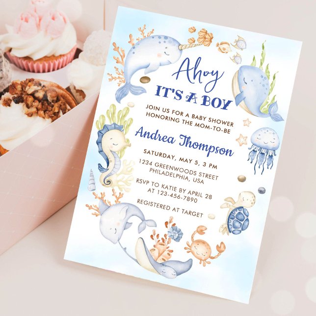 Under the Sea Blue Ahoy It's a Boy Baby Shower Invitation (Creator Uploaded)