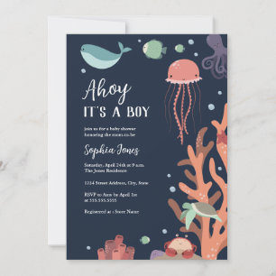 Under the Sea Blue Ahoy It's a Boy Baby Shower Invitation