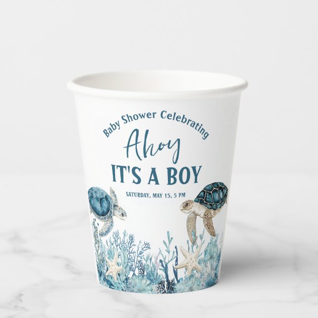 Under the Sea Blue Ahoy It's a Boy Baby Shower Paper Cups (Front)
