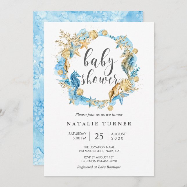 Under the Sea Blue and Gold Baby Shower Invitation (Front/Back)