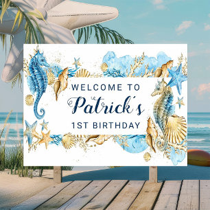 Under the Sea Blue and Gold Birthday Party Welcome Poster