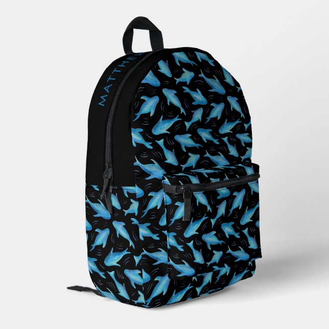 Under the Sea Blue Black Shark Fish Pattern Printed Backpack (Back Corner Left)