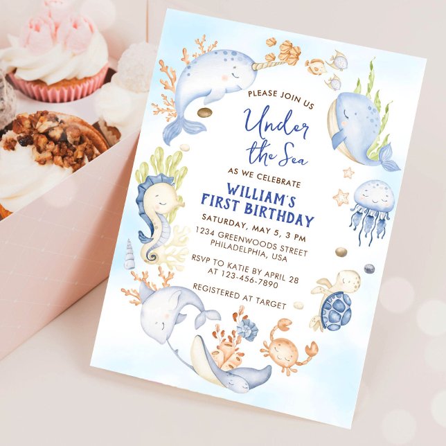 Under the Sea Blue Boy First Birthday Party Invitation (Creator Uploaded)