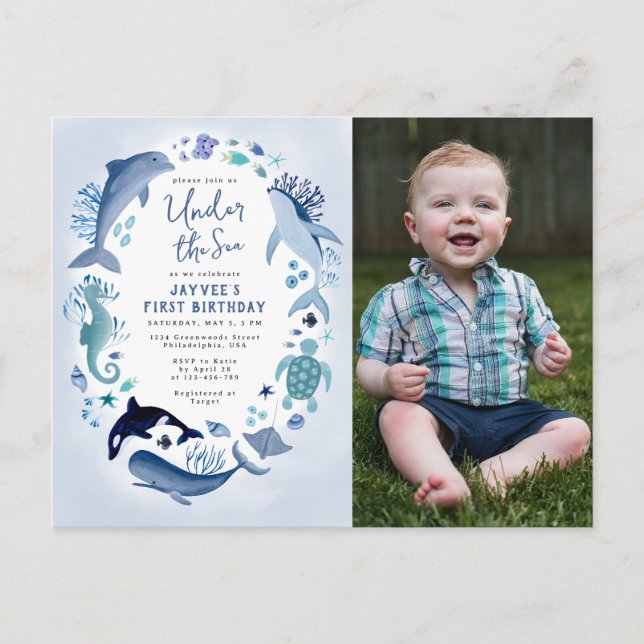 Under the Sea Blue Boy Photo Any Year Birthday Invitation Postcard (Front)