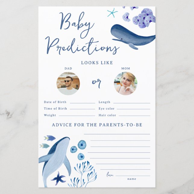 Under the Sea Blue Boy Whale Baby Prediction Game (Front)