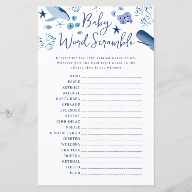 Under the Sea Blue Boy Whale Baby Word Scramble (Front)