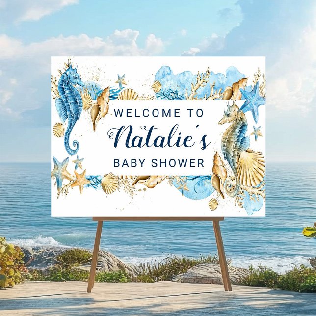 Under the Sea Blue & Gold Baby Shower Welcome Sign (Creator Uploaded)