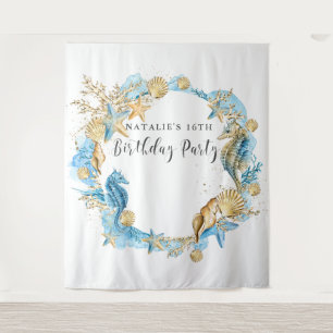 Under the Sea Blue Gold Birthday Party Backdrop Tapestry