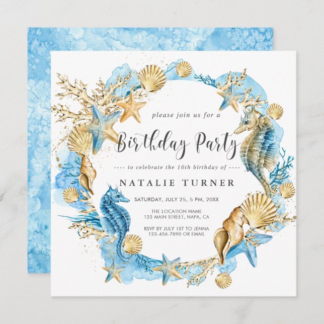 Under the Sea Blue Gold Birthday Party Invitation (Front/Back)
