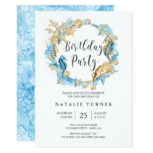 Under the Sea Blue Gold Birthday Party Invitation