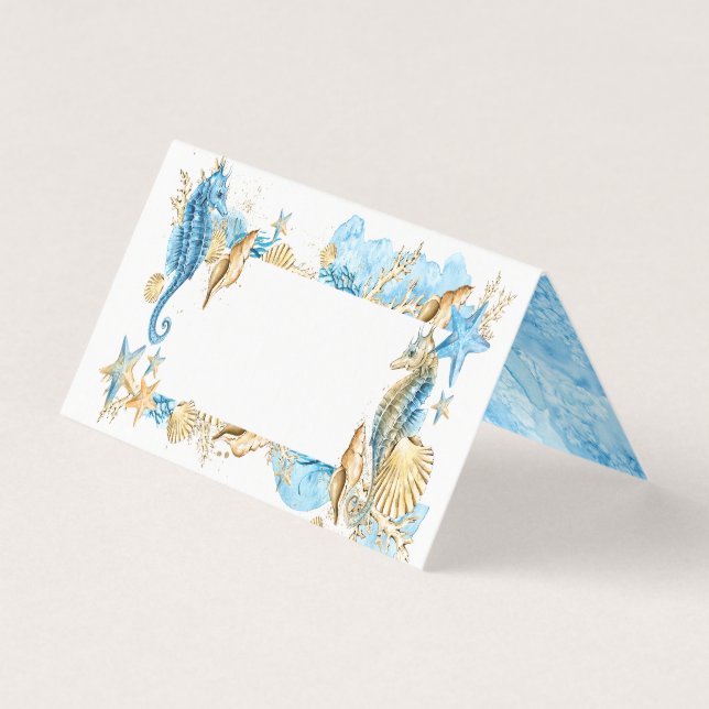 Under the Sea Blue Gold Blank Table Place Card (Front)