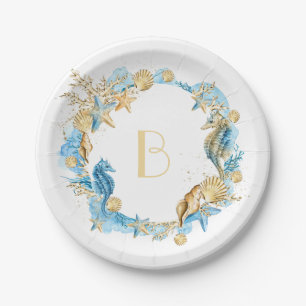 Under the Sea Blue Gold Monogram Paper Plate