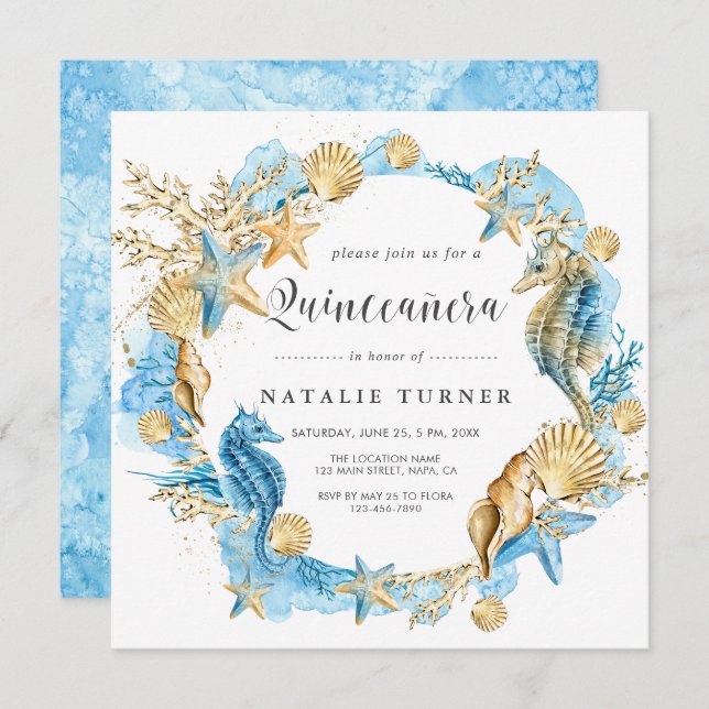 Under the Sea Blue & Gold Quinceañera Square Invitation (Front/Back)