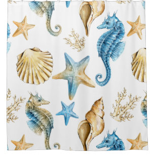 Under the Sea Blue & Gold Seahorse Beach House Shower Curtain