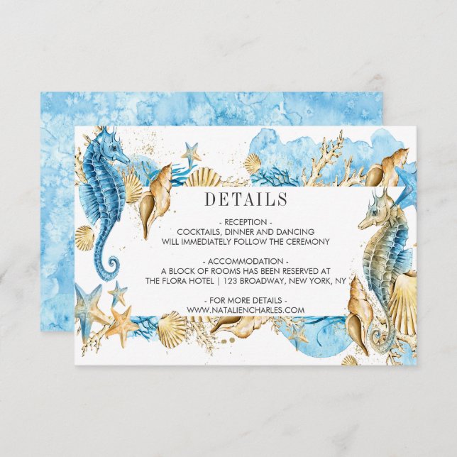 Under the Sea Blue Gold Summer Wedding Details Invitation (Front/Back)