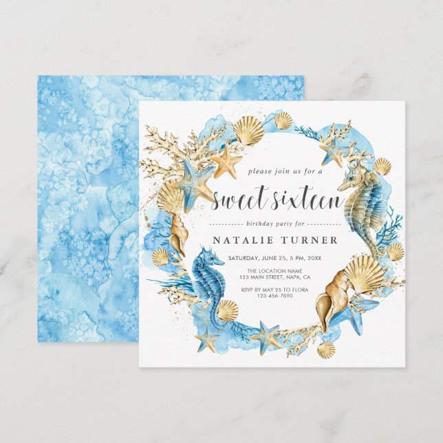 Under the Sea Blue & Gold Sweet Sixteen Square Invitation (Front/Back)