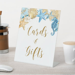 Under the Sea Blue Gold Wedding Cards and Gifts Pedestal Sign