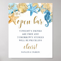 Under the Sea Blue Gold Wedding Open Bar Sign