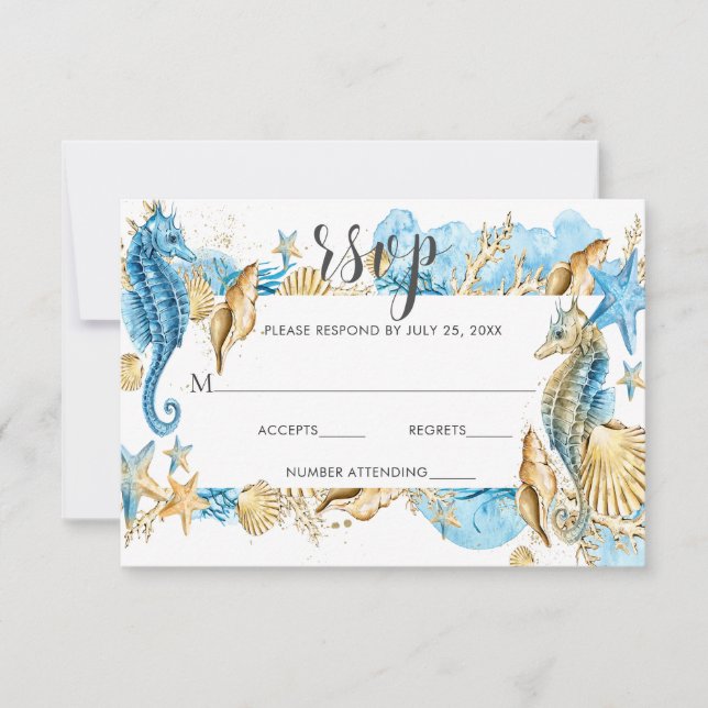 Under the Sea Blue Gold White Summer Wedding RSVP Card (Front)