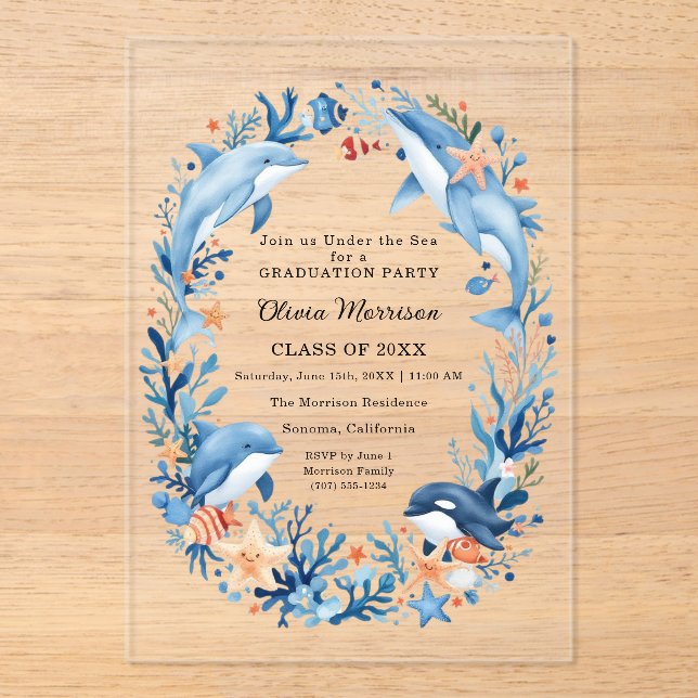 Under the Sea Blue Ocean Graduation Acrylic Invitations (Front)