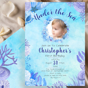 Under the Sea Blue Photo Boy's 1st Birthday Party Invitation