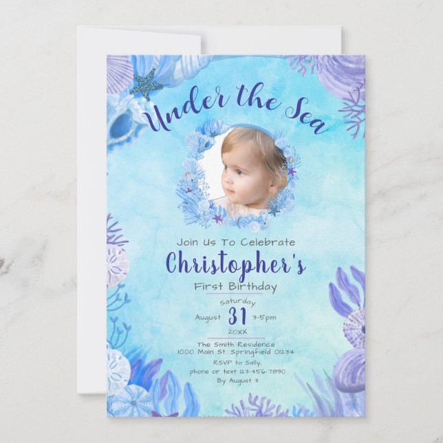 Under the Sea Blue Photo Boy's 1st Birthday Party Invitation (Front)
