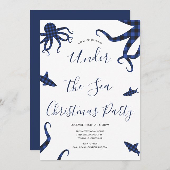 Under the Sea Blue Plaid Animals Christmas Party Invitation (Front/Back)