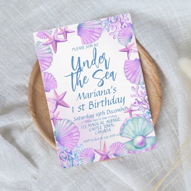 Under the Sea Blue Purple Girl 1st Birthday Party Invitation (Creator Uploaded)