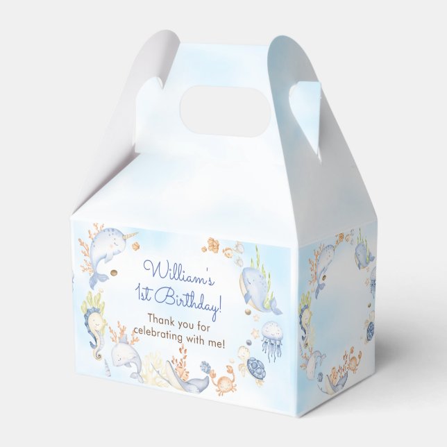 Under the Sea Blue Sea Life 1st Birthday Party Favour Box (Front Side)