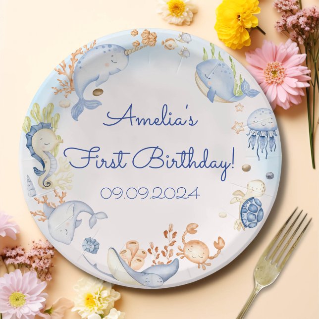 Under the Sea Blue Sea Life 1st Birthday Party Paper Plate (Creator Uploaded)